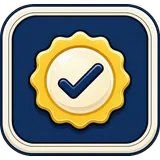 A gold certification seal with a checkmark