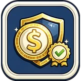 A shield with gold coins, a dollar sign and a checkmark seal