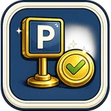 A gold parking sign with a green checkmark