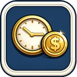 A clock beside gold coins with a dollar sign