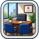 An office interior with a desk and chairs