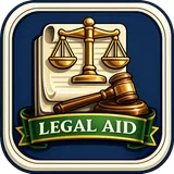 Scales of justice and a gavel above a Legal Aid banner