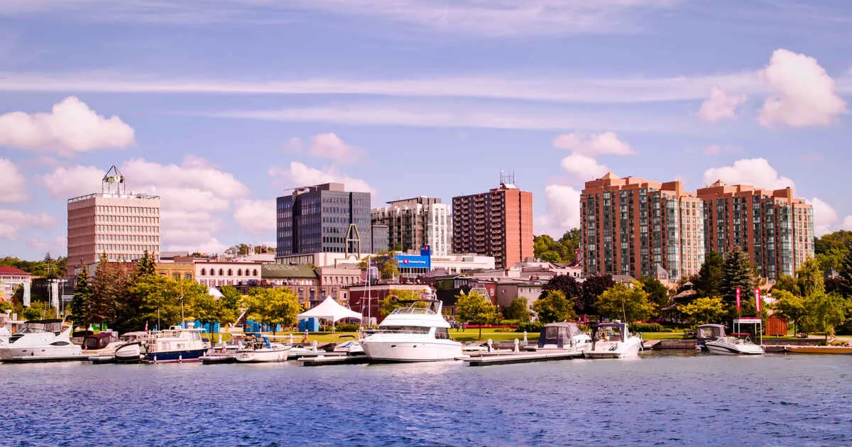 Lake Simcoe shore view with Heritage Park on the right in Barrie, Ontario, Canada.