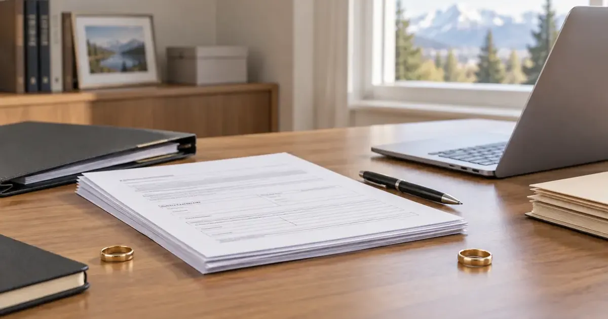 Divorce paperwork sits on a wooden desk beside a laptop, pen, file folders, and two separated wedding rings, with a softly blurred mountain view through the window in the background.