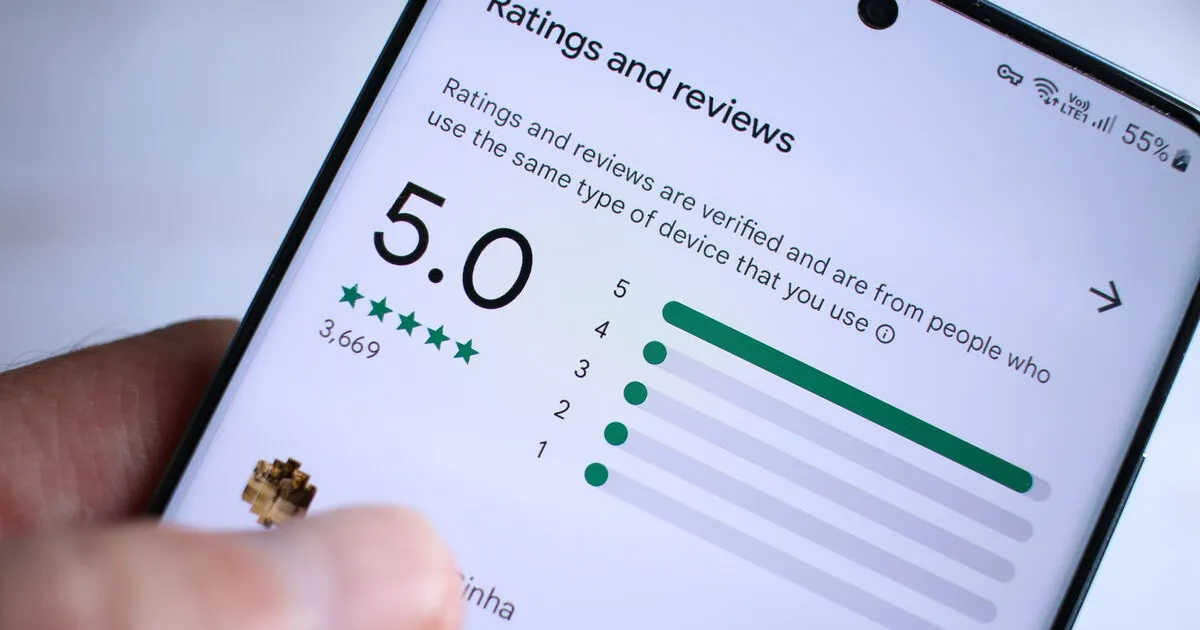 A mobile phone screen displaying a search results with a perfect 5.0 star review.