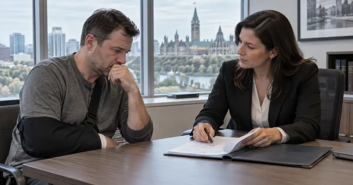 Injured man wearing an arm sling meets with a lawyer in a modern Ottawa office, reviewing documents with Parliament Hill visible through the window.