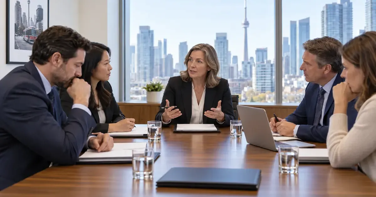 Toronto civil mediation meeting with lawyers and clients seated around a conference table, with the CN Tower visible through the office windows.