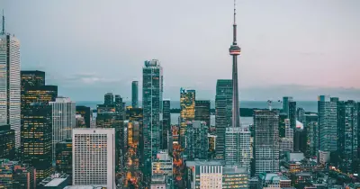 The downtown Toronto skyline and the CN Tower at dusk